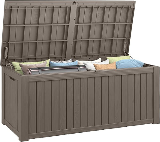 150 Gallon Resin Deck Box, Large Indoor and Outdoor Storage Box, Weatherproof and UV Resistant Outdoor Storage Box with Built-in Steel Beams for Patio, Cushions, Pool Supplies