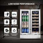 Tylza Wine and Beverage Refrigerator 24 Inch Dual Zone, French Door Wine and Beverage Cooler 24'' Built-In or Freestanding Drink Fridge, Under Counter Beer Refrigerator