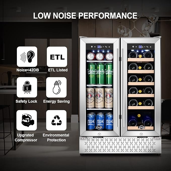 Tylza Wine and Beverage Refrigerator 24 Inch Dual Zone, French Door Wine and Beverage Cooler 24'' Built-In or Freestanding Drink Fridge, Under Counter Beer Refrigerator
