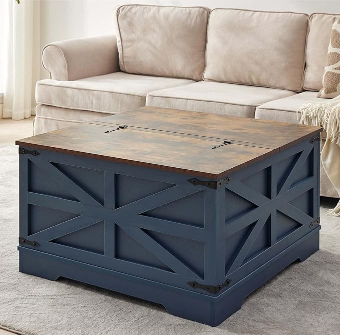 Blue Coffee Table with Storage, Cocktail Table with Hinged Lift Top, Farmhouse Square Wood Center Table with Large Hidden Storage Compartment for Living Room, Square Coffee Table, Metal Edges Decor