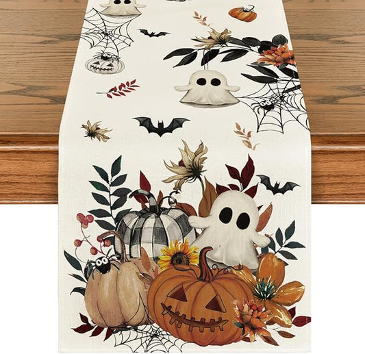 Artoid Mode Pumpkin Ghost Leaves Spider Web 210 GSM Halloween Table Runner, Spooky Kitchen Dining Table Decoration for Home Party Decor 13x72 Inch