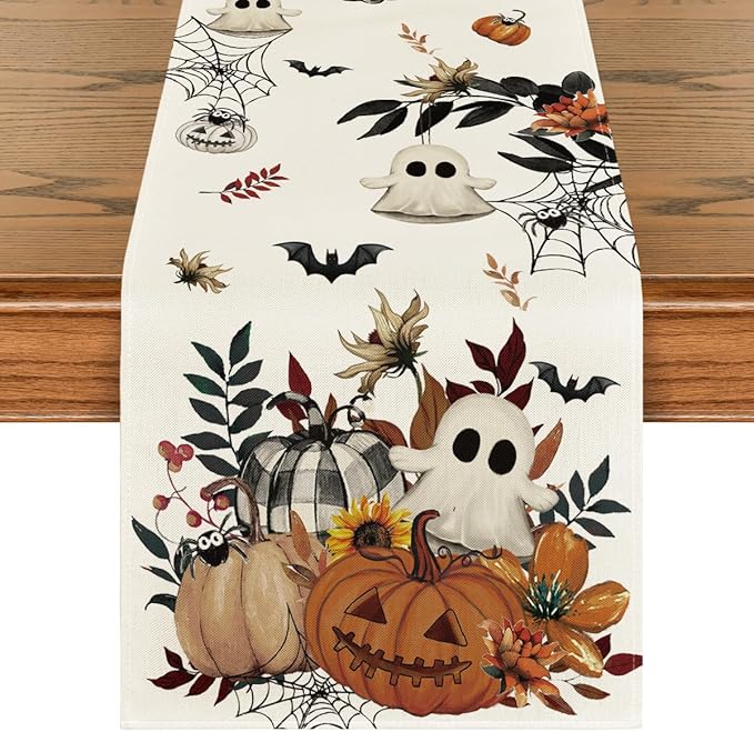 Artoid Mode Pumpkin Ghost Leaves Spider Web 210 GSM Halloween Table Runner, Spooky Kitchen Dining Table Decoration for Home Party Decor 13x120 Inch