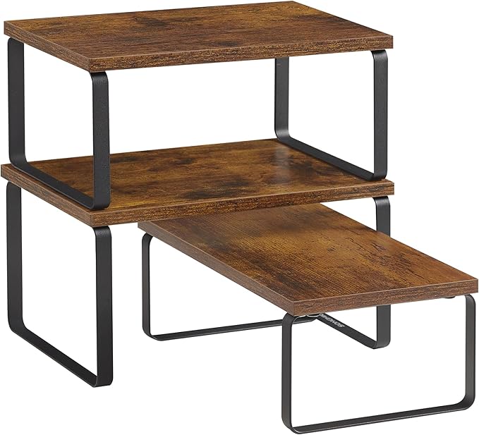 SONGMICS Cabinet Organizer Shelf, Set of 3 Kitchen Counter Shelves, Kitchen Storage, Spice Rack, Stackable, Expandable, Rustic Brown and Matte Black UKCS220K02