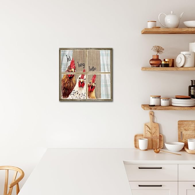 Visual Art Decor Rooster Decor Funny Chicken Picture Wall Decor Rustic Farmhouse Window Painting Framed 24x24 inch, Rustic Country Front Door Welcome Sign