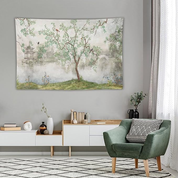 HZOHNAGO Japanese Tapestry Tree Misty Garden Lake Printed Wall Tapestry Ink Painting Wall Hanging for Bedroom Living Room Dorm 90" W x 60" H