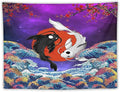 Houselerax Japanese Koi Fish Tapestry, Yin Yang Big Wave Cherry Blossom Tapestries Wall Hanging for Bedroom Living Room Office Decor 60"x40"