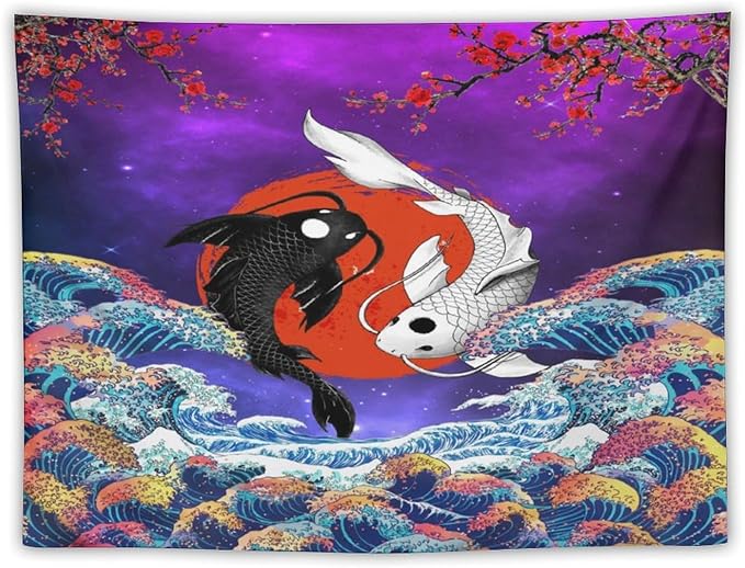 Houselerax Japanese Koi Fish Tapestry, Yin Yang Big Wave Cherry Blossom Tapestries Wall Hanging for Bedroom Living Room Office Decor 80"x60"