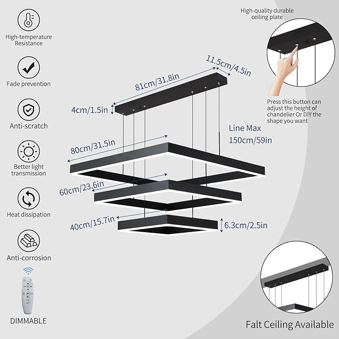 Modern LED Square Chandelier, 3 Ring Dimmable for Living, Dining, Bedroom & Foyer - High Ceiling Hanging LED Pendant Light Fixture (Black)