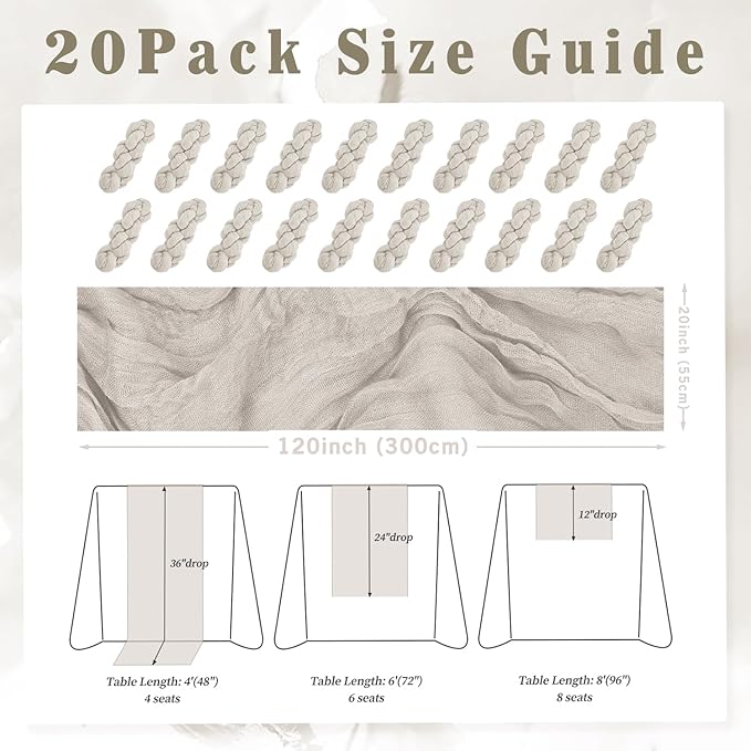 20 Pack Rose Brown Cheesecloth Table Runner 10FT Rustic Gauze Fabric Cheese Cloth Table Runner for Wedding Bridal Baby Shower Table Decor Boho Sheer Birthday Party Table Decorations 20 x 120 Inch Long