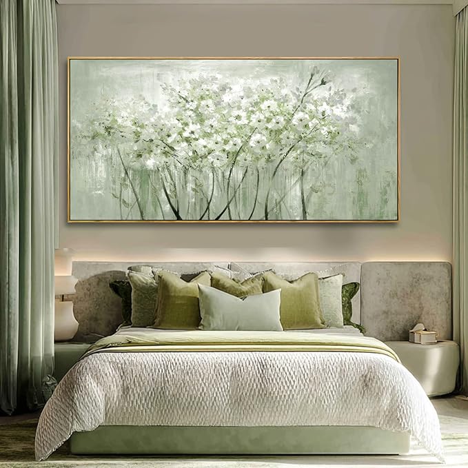 Framed Green Flower botanical Canvas Wall Art 29"x58" Modern Botanical Poster Artwork for Bedroom Living Room Office Kitchen Decor