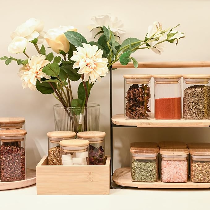 Glass Food Storage Jars Square 6oz, 16 Pack Glass Jars With Bamboo Lids, Kitchen Storage Containers For Spice, Candy, Cookie, Storage For Pantry Organizers