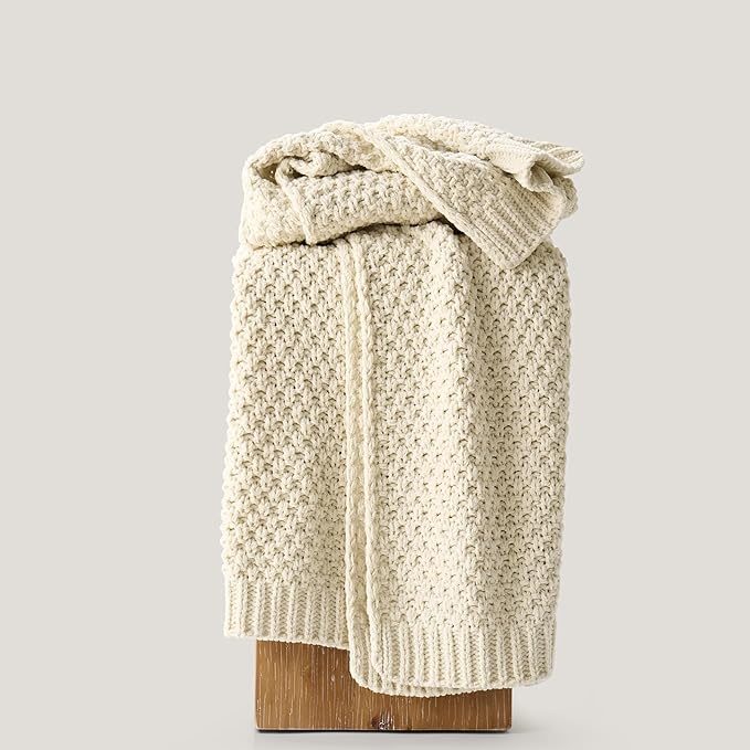 Chunky Chenille Knit Throw Blanket for Couch, Soft Luxurious Moss Stitch Blankets for Bed, Cozy Decorative Farmhouse Knitted Throws for Sofa, Beige, 60" x 80"