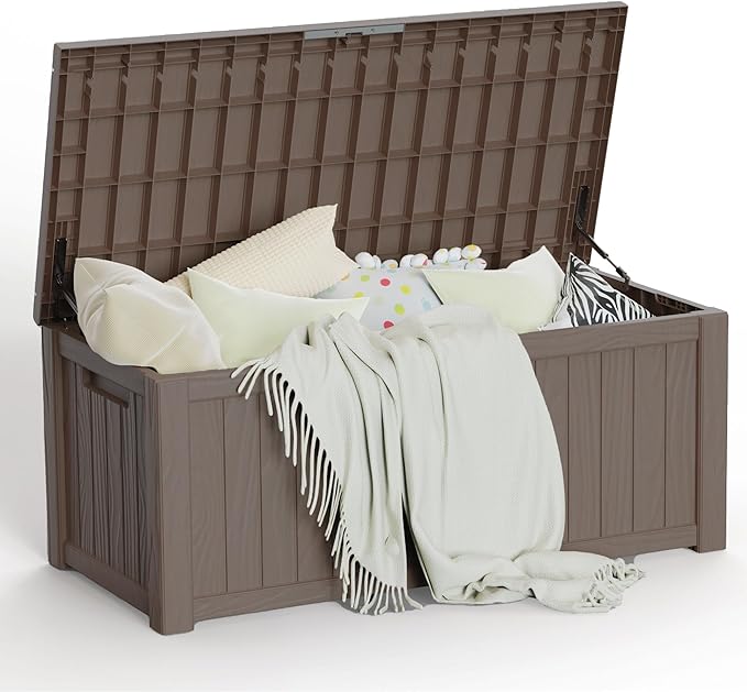 120 Gallon Patio Storage Box, Large Deck Box for Patio Furniture Covers, Cushion Pillows, Waterproof Outdoor Storage Bench for Towels, Garden Tools and Pool Accessories, Grey