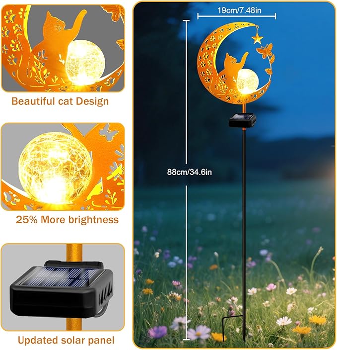 YJFWAL Garden Solar Cat Lights Pathway Stake Lights Glass Globe with Moon Cat Decor, Gifts for Mom Grandma Friends, Outdoor Decor Light Waterproof for Walkway, Yard, Patio or Garden (Warm White)