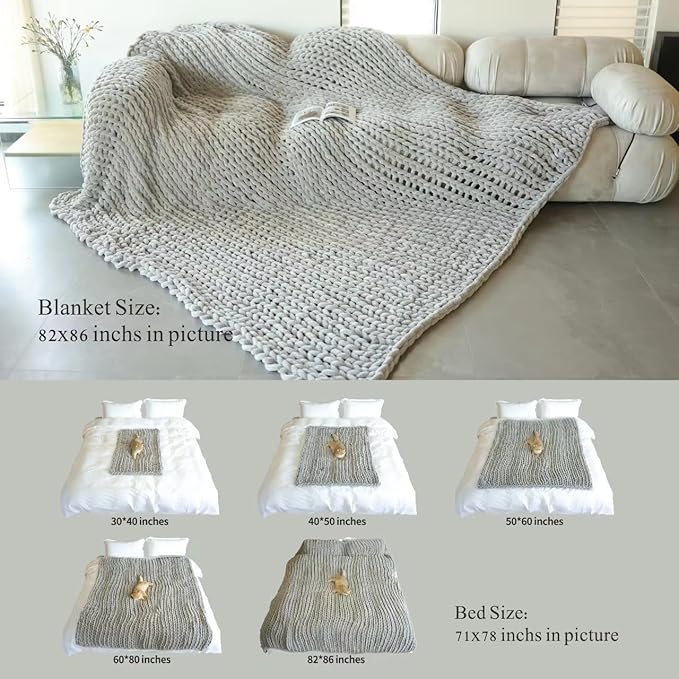 Maetoow Chenille Chunky Knit Blanket Throw （82×86 Inch）, Handmade Warm & Cozy Blanket Couch, Bed, Home Decor, Soft Breathable Fleece Banket, Christmas Thick and Giant Yarn Throws, Cream