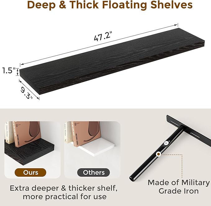 Fun Memories Floating Shelves 48 Inch Set of 2, Black 48 x 9 Wall Shelves for Home Decor Storage, Rustic Wood Floating Shelf for Wall, 9 Inch Deep Shelving for Bathroom, Living Room, Kitchen