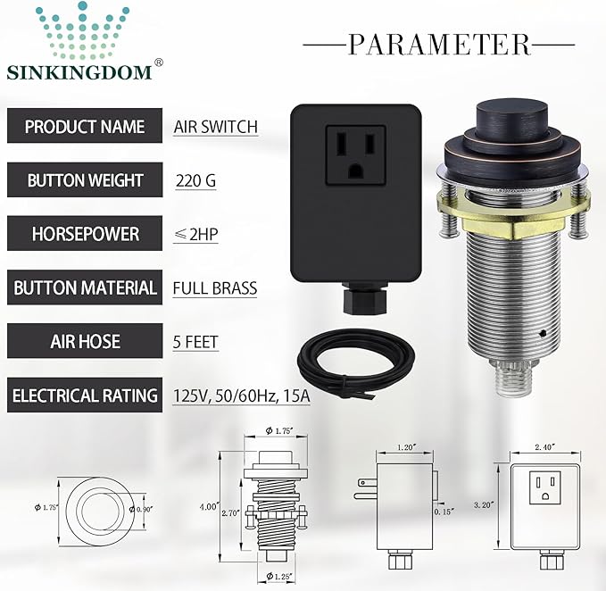 SinkTop Air Switch Kit (Long Full Brass Button) for Garbage Disposal, Cordless Oil Rubbed Bronze