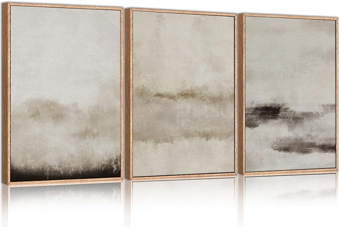 HPINUB Large Abstract Framed Canvas Wall Art Set,Minimalist Beige Gray Pastel Watercolor Wall Decor,Modern Illustration Neutral Art Painting for Living Room,Bedroom,Dining Room,Office -24"x36"x3