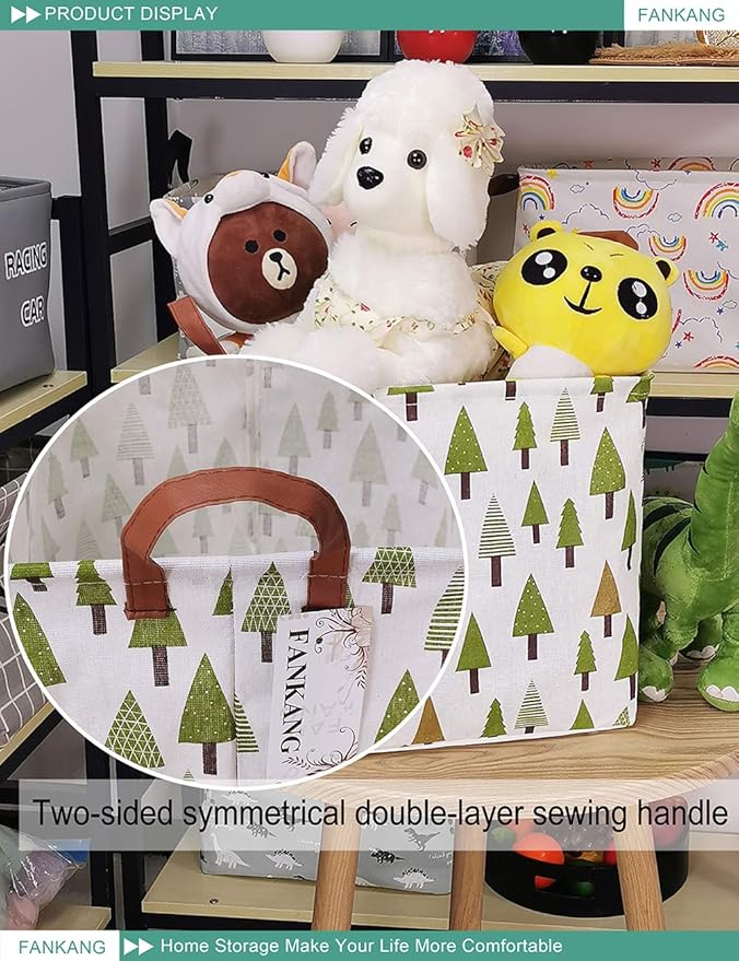 FANKANG Square Nursery Hamper Storage Bins Canvas Laundry Basket Foldable with Waterproof PE Coating Large Storage Baskets Gift Baskets for Children Office Bedroom ClothesToys (SquareGreen forest)