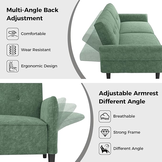 89” Futon Sofa Bed, Comfy Futon Couch Bed with 2 Square Pillows, Convertible Sleeper Sofa with Adjustable Backrest& Armrests, Modern Loveseat Sleeper for Living Room, Bedroom,Light Green