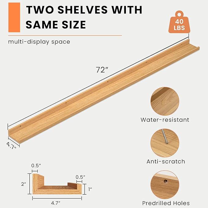 Heimlove Picture Ledge Shelf, Floating Shelves Set of 2, 72 Inches Long Large Picture Shelf for Wall with Ledge, Kids Bookshelf Wall Mounted for Living Room Bedroom Decor Books Photo Frames, Oak