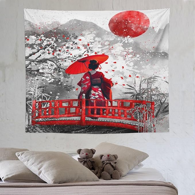 Japanese Red Geisha Tapestry Asian Cherry Blossom Red Sun Traditional Kimono Folk Tapestries Home Decor for Living Room Bedroom Apartment Farmhouse Dorm 60"x50"