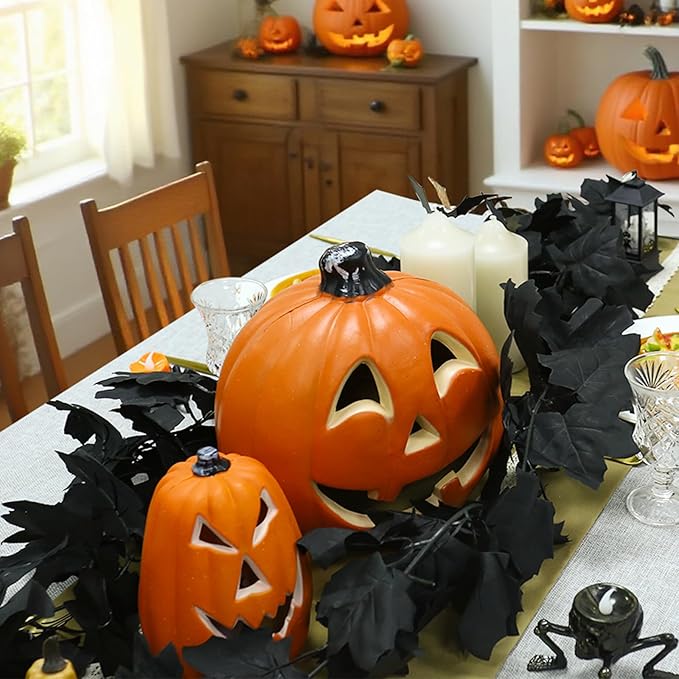 Joyhalo 8 Pack 5.7FT Black Maple Leaf Garland,Halloween Artificial Hanging Black Vines,Halloween Outdoor Garland for Mantle,Door Frame,Fireplace and Thanksgiving Decor