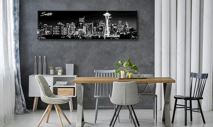 Seattle City Skyline Wall Art Black and White Canvas Prints Panorama Cityscape Picture Night View Painting Poster Modern Artwork Home Decor for Office Living Room - Ready to Hang 13.8" x 47.3"