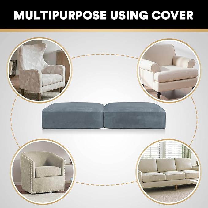 PrinceDeco Velvet Stretch Couch Cushion Cover Soft Cushion Slipcover for Chair Loveseat Sofa Furniture Protector Seat Cushion Sofa Cover (Each Width Up to 29.5", Stone Blue)