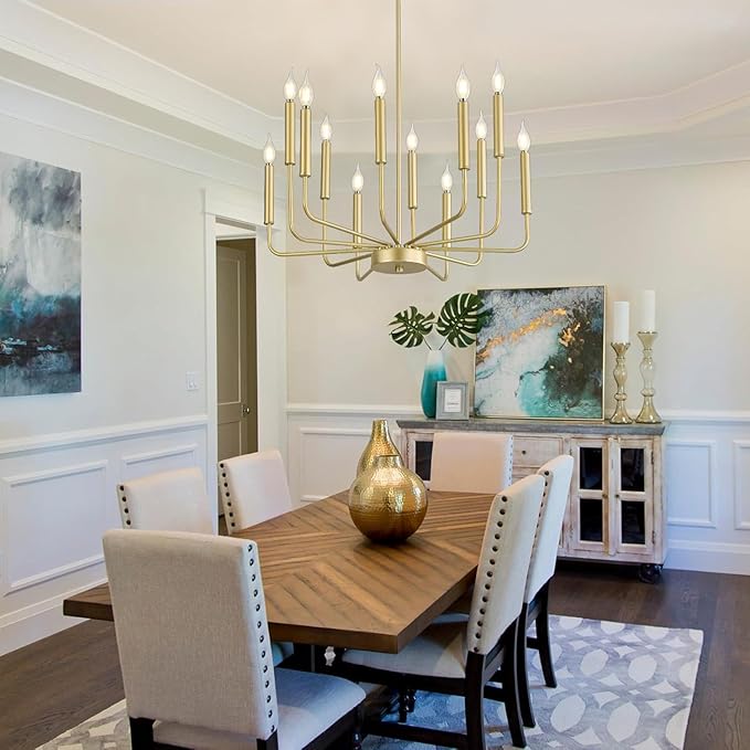 Modern Gold Farmhouse Chandeliers, 12-Light Industrial Metal Chandelier Lighting, Classic Candle Hanging Pendant Light Fixtures for Kitchen, Dining Room, Living Room, Entryway