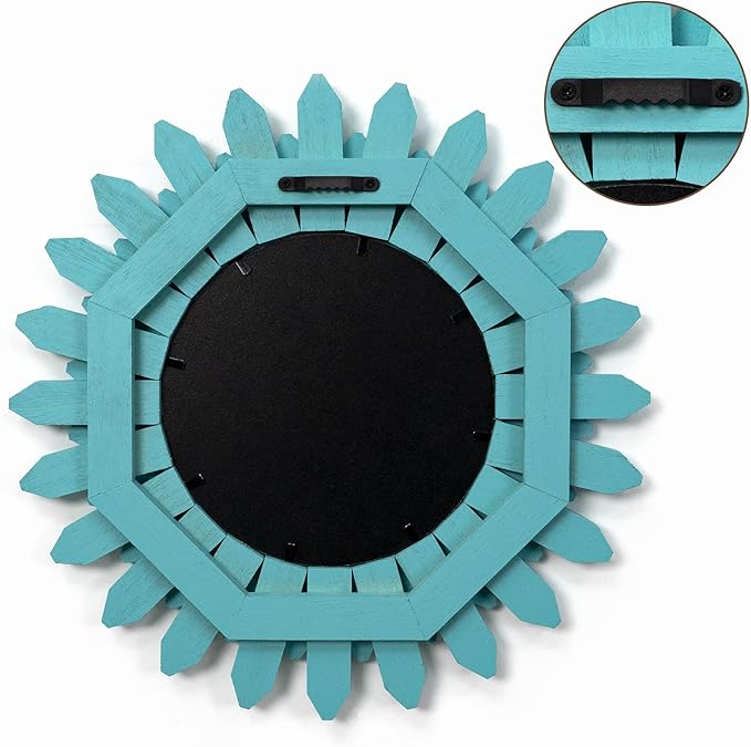 Honiway Beach Wall Decor Mirror 12 inch Wood Coastal Wall Decor Sunburst Boho Home Decor Room Decor for Bedroom Living Room Bathroom Cyan