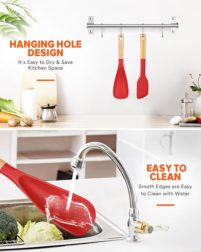 Cooking Spoon and Scraper for Nonstick Cookwares, Great for Cooking and Serving Durable BPA-Free Matte Silicone, Wood Handle Multifunction Spoon for Mixing, Scoop, and Scrape (RED)