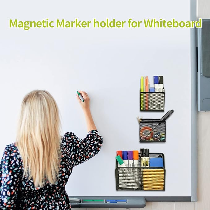 Neudeco Locker Shelf Organizer, Magnetic Pencil Holder, Metal Storage Basket for Whiteboard, Refrigerator, Ideal Cabinet for School, Black (Pack 3L)