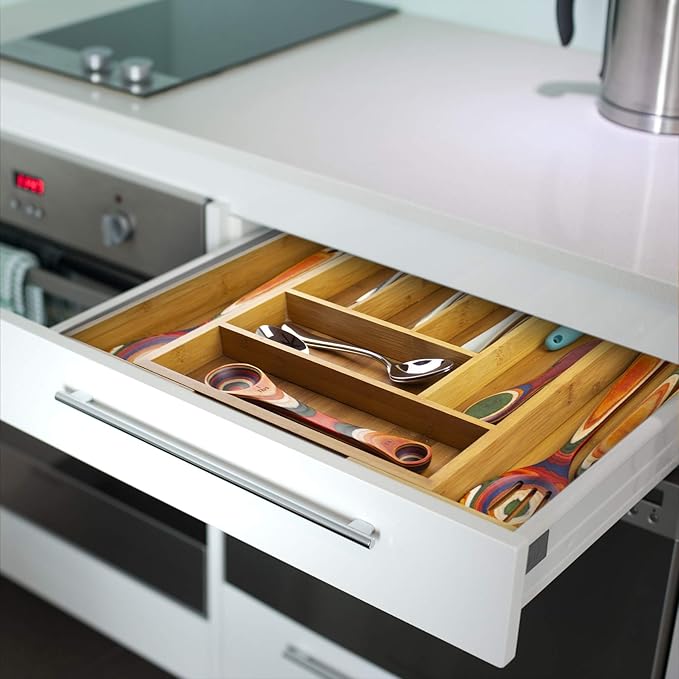 Totally Bamboo Kitchen Drawer Organizer, Expandable Silverware Organizer and Utensil Holder, 8 Compartments with Dividers