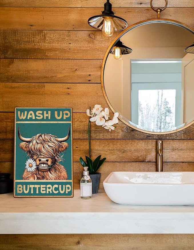 ALKB Highland Cow Sign Bathroom Wall Cow Painting for Western & Highland Cow Lovers - Funny Wash Up Sign 8 x 12 Inch