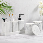 Bathroom Accessories Set, 6 Piece Bathroom Set with Toothbrush Holders, Soap Dispenser, Vanity Tray, Tumbler, Cotton Swab Jars, Bathroom Organizer，Bathroom Sink Sets, Artificial Marble White