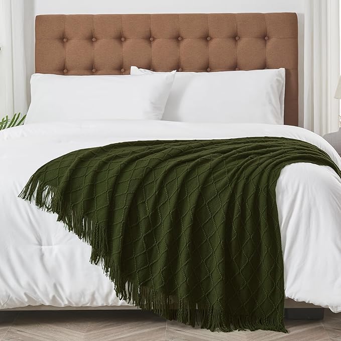 inhand Knitted Throw Blankets for Couch and Bed, Soft Cozy Knit Blanket with Tassel, Dark Green Lightweight Decorative Blankets and Throws, Farmhouse Warm Woven Blanket for Men and Women, 50"x60"