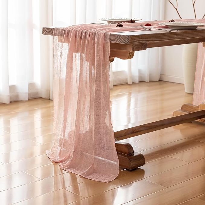 6pcs Pink Gauze Rustic Cheesecloth Table Runner 120 Inch 10 FT for Wedding Baby Shower Bridal Shower Birthday Engagement Garden Outdoor Party Long Sheer Boho Decorations