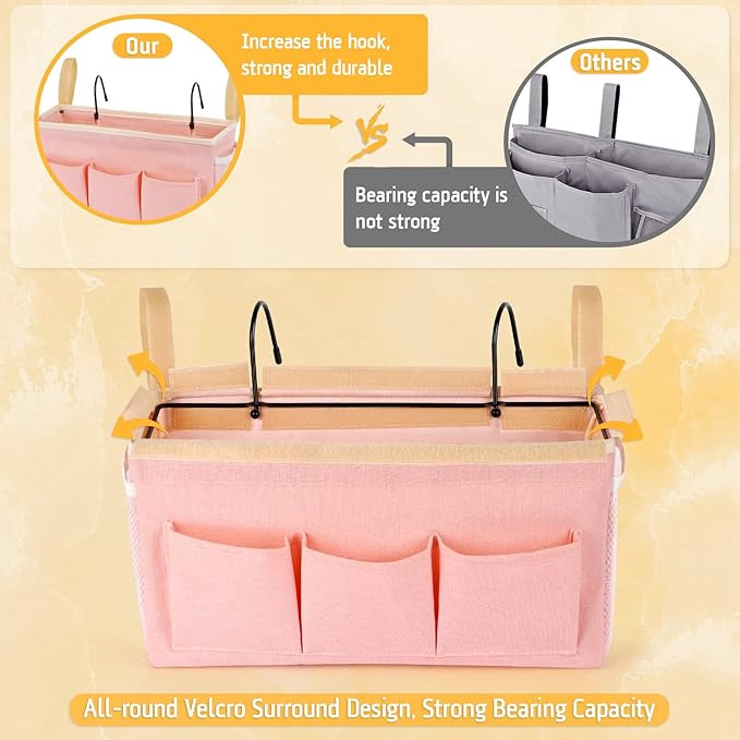 Bedside Caddy Bedside Organizer Bedside Storage Caddy with Fixed Straps and Water Bottle Holder for Home College Dorm Bunk Bed Hospital Bed Crib Bed Rails (2pcs Pink)