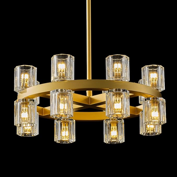 Gold Chandelier Light Fixture Kitchen and Dining, 16-Lights Modern Chandeliers for Dining Room, 18" Farmhouse Kitchen Pendant Lights Over Table, Crystal Wagon Wheel Chandelier(Bulbs Included)