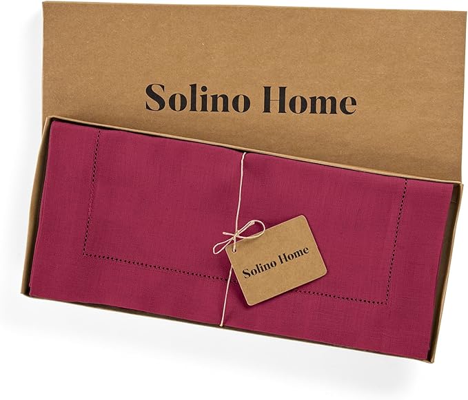 Solino Home Linen Table Runner 60 Inches - 100% Pure Linen Beet Hemstitch Table Runner 14 x 60 Inch Ideal for Dresser and Coffee Tables - Fall, Autumn, Thanksgiving - Classic Hemstitch