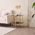 Glass End Table, Mid-Century Modern Design Sofa Table, L41 x W21 x H17, for Living Room, 2-Tier Structure, Clear Glass Top and Walnut MDF Shelf, Sleek Conical Metal Legs with Gold Finish Frame