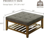 Large Square Ottoman Coffee Table, Linen Solid Upholstered Footrest Ottoman with Solid Wood Shelf Storage Tufted Coffee Table for Bedroom Living Room, Granite