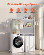 VEVOR Over The Washer and Dryer Storage Shelf, 5 Tier Laundry Room Drying Rack with Hanger Rod and Hooks, Adjustable Over Washer and Dryer Shelves, Laundry Room Shelf Storage Space Saver, White