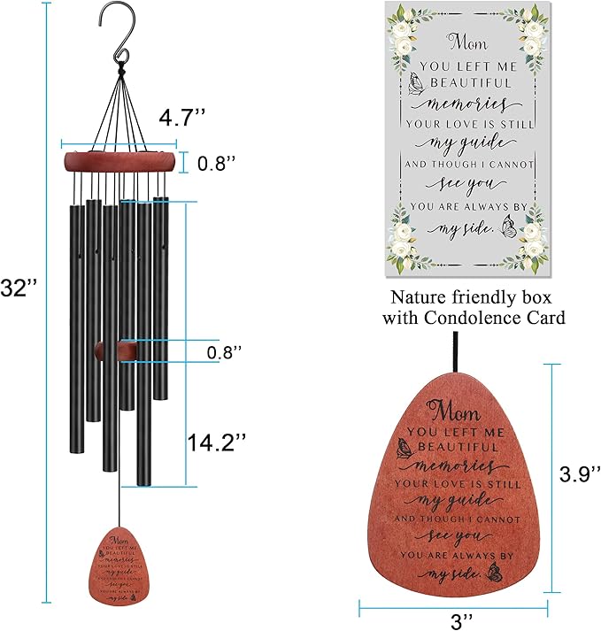 Memgift Memorial Wind Chime for Loss of Mom - Solid Beech Wood Sympathy Gift - Outdoor Bereavement Wind Chime for Mother - Garden & Patio Remembrance of Loved One 32 Inch
