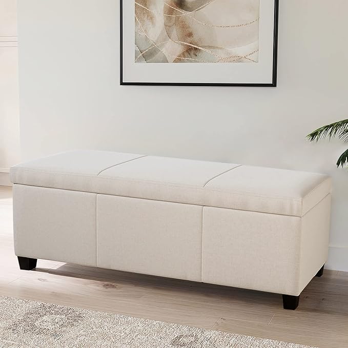 BELLEZE 47 Inch Storage Ottoman, Linen Storage Bench for Bedroom, Living Room, Entryway, Hallway, Foot Rest, Support 300lbs - Beige