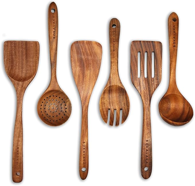 GreyWooden Kitchen Utensil Set, 6Pcs Wooden Cooking Utensils for Non-Stick Pan, 100% Natural Teak Wooden Spatula