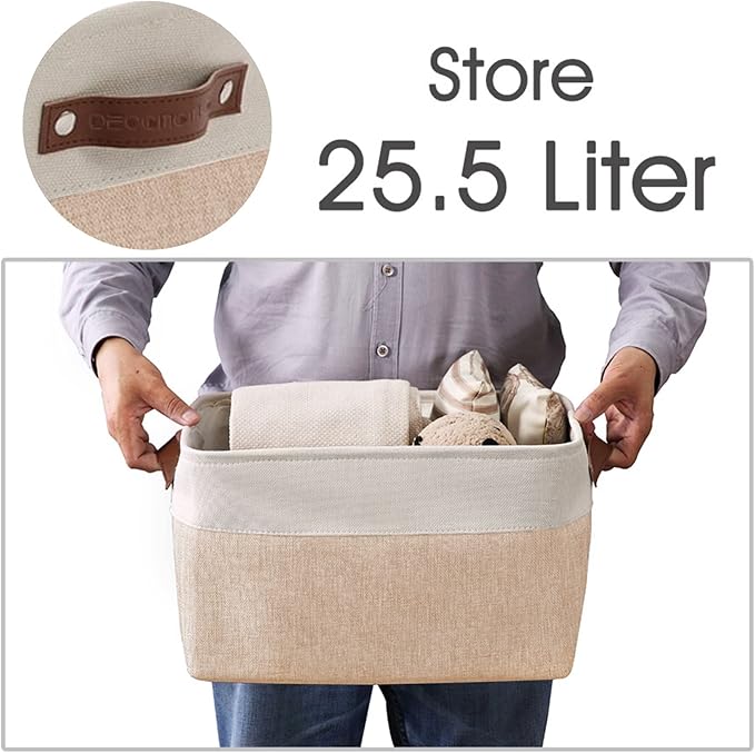 DECOMOMO Storage Bins Fabric Storage Baskets for Shelves, Linen Closet Organization Toys Nursery (Beige and White, Large - 4 Pack)