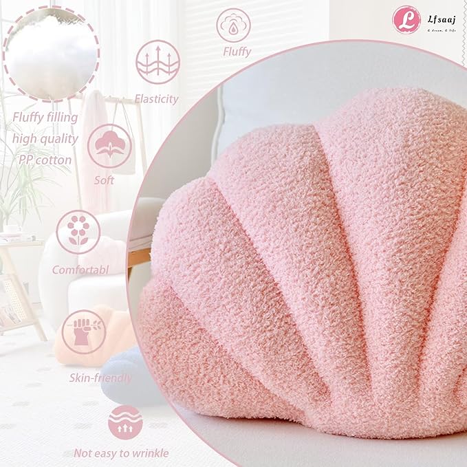Pink Seashell Throw Pillows, Shell Shaped Throw Pillows, 13 Inch Soft Home Decorative Pillow Plush Cushion for Bed Couch Living Sofa Room Decor Accent Throw Pillow