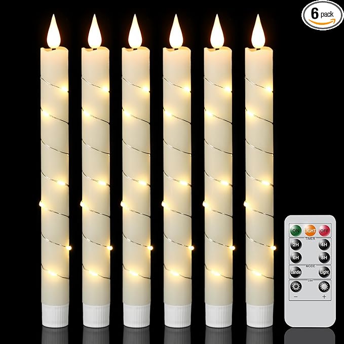 GenSwin Flameless Taper Candles with Remote and String Lights, Ivory Real Wax Taper Candles Battery Operated, LED Flameless Battery Candlesticks for Home Holiday Decor(Set of 6)